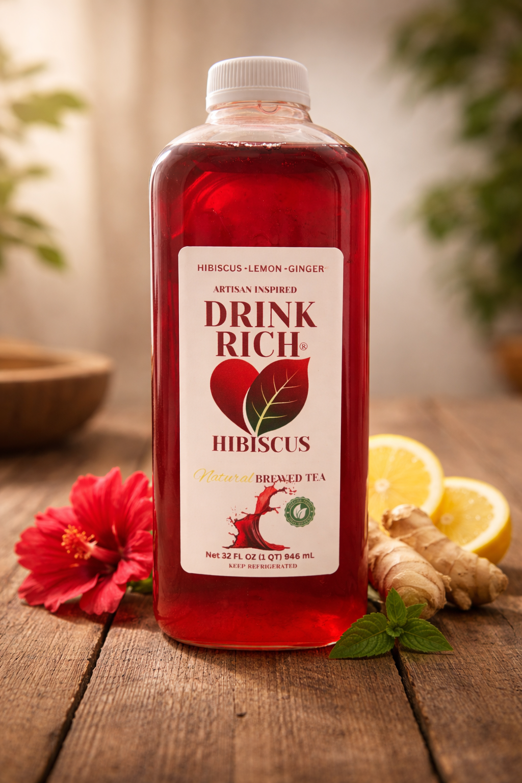 Drink Rich Lemon Ginger Hibiscus Tea -32 oz